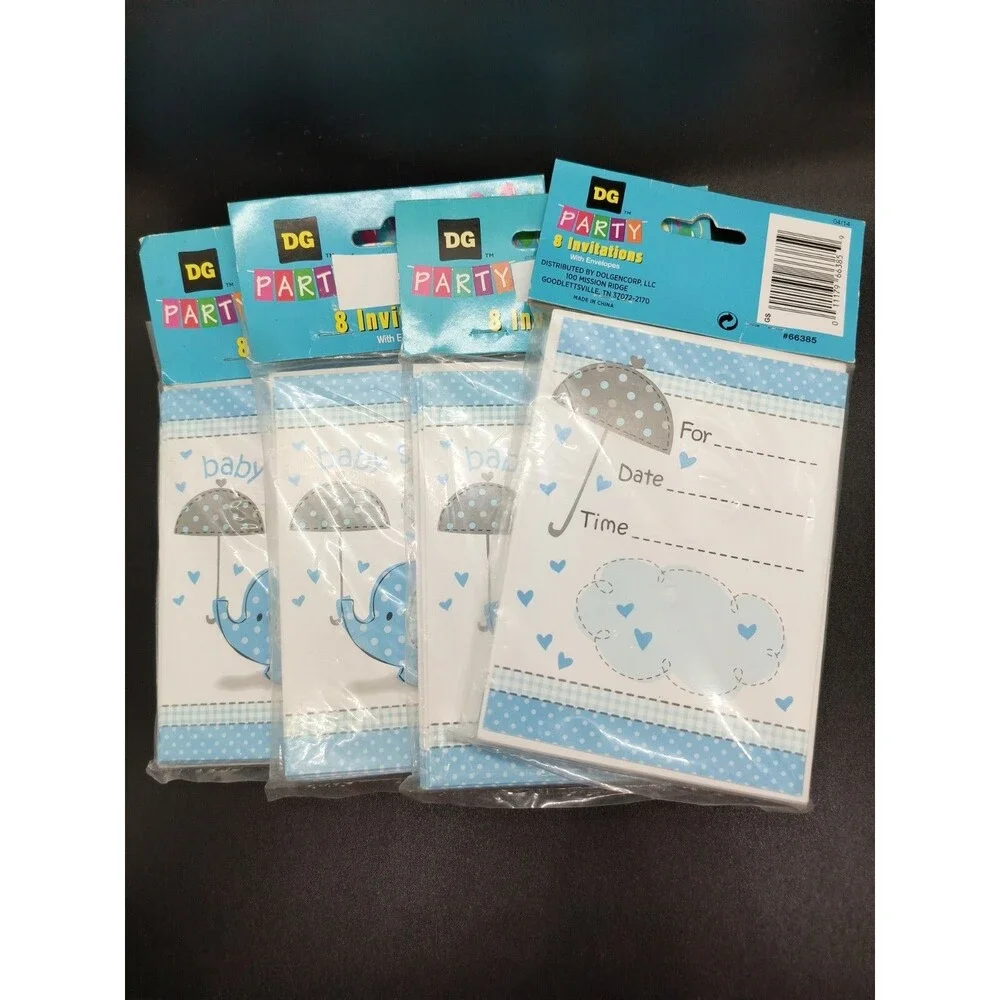 32 New Boy Elephant Baby Shower Invitations Blue Cards - 8 count x 4 packs